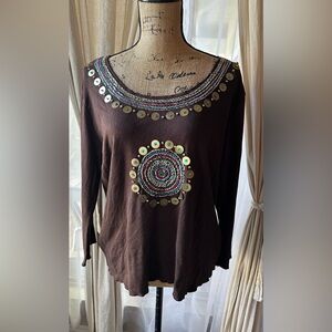 Soft Surroundings Embellished Boat Neck 3/4 Sleeve Top
